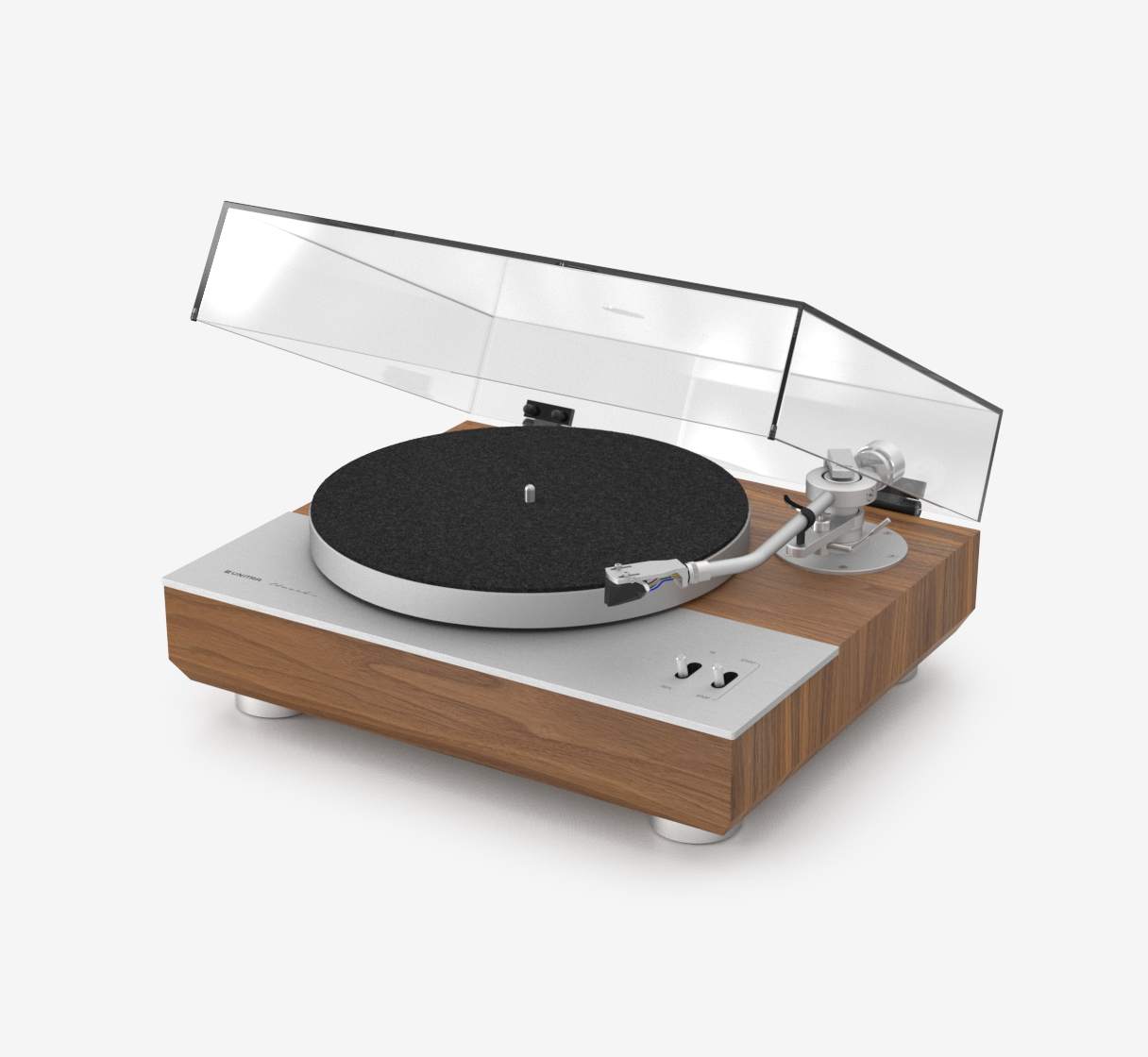Unitra GSH-801 Edmund silver and walnut turntable with clear dust cover on a white background
