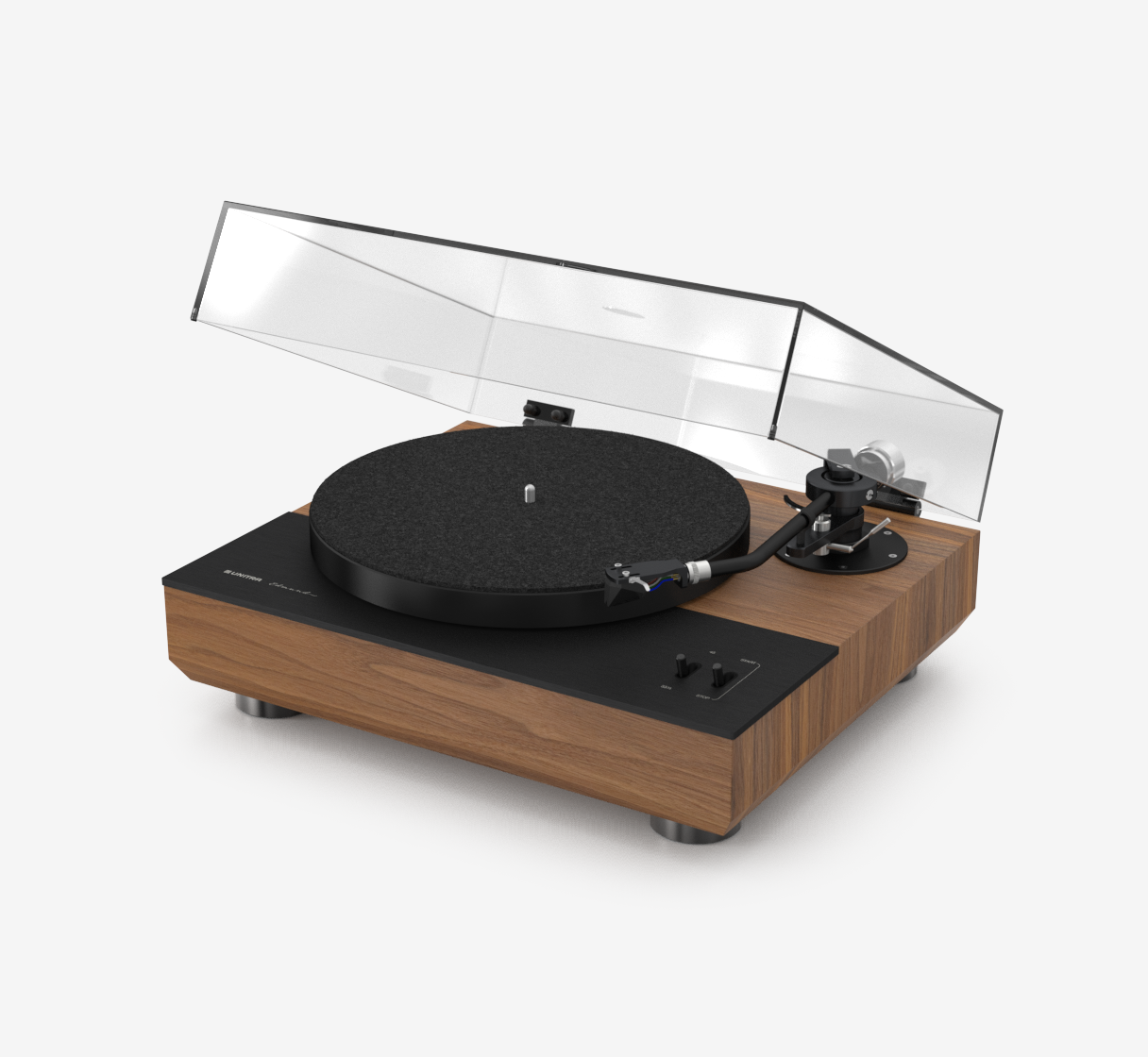 Unitra GSH-801 Edmund black and walnut turntable with clear dust cover on a white background