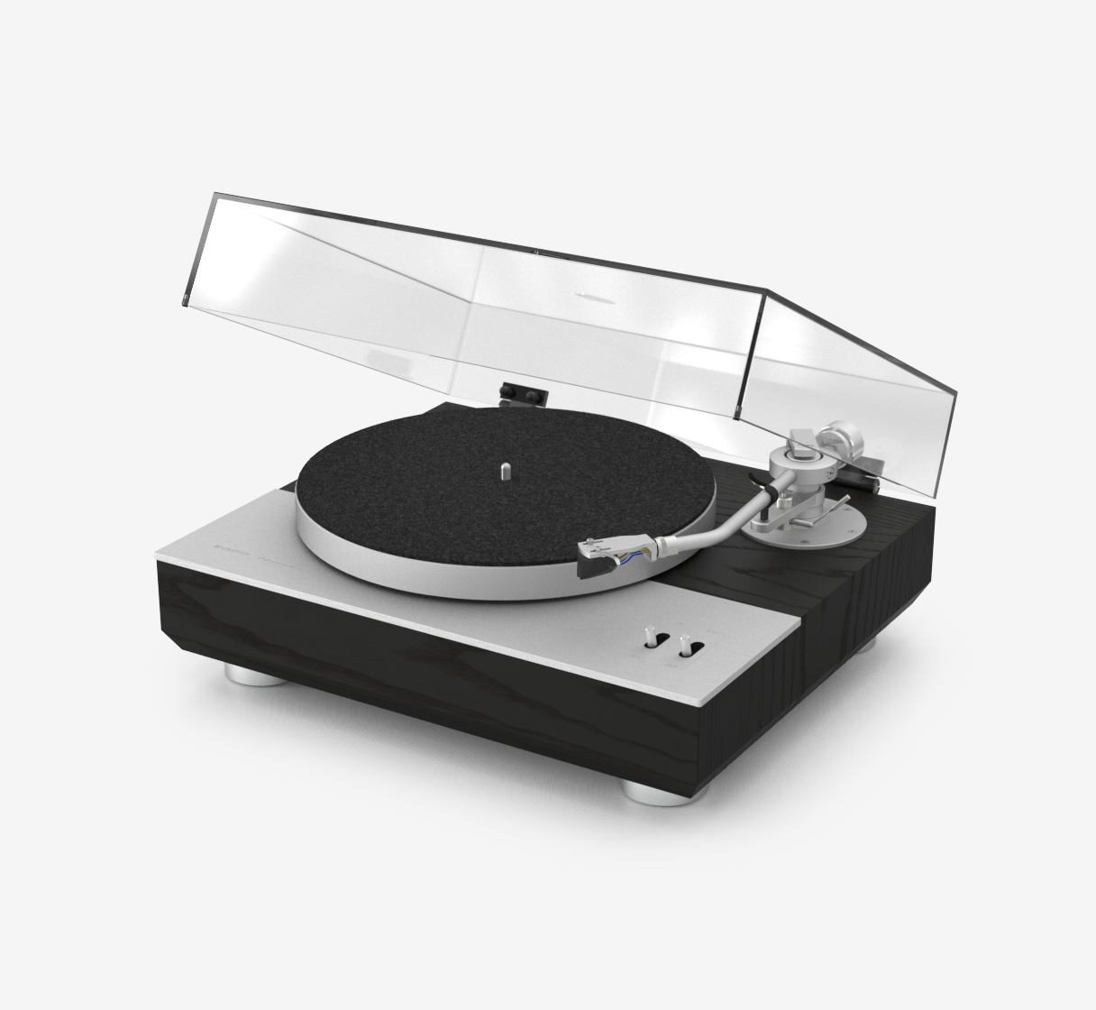 Unitra GSH-801 Edmund silver and black ash turntable with clear dust cover on a white background