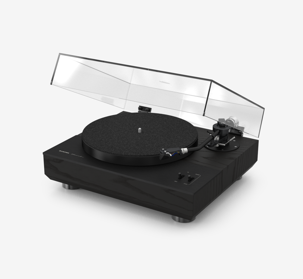 Unitra GSH-801 Edmund black on black ash turntable with clear dust cover on a white background