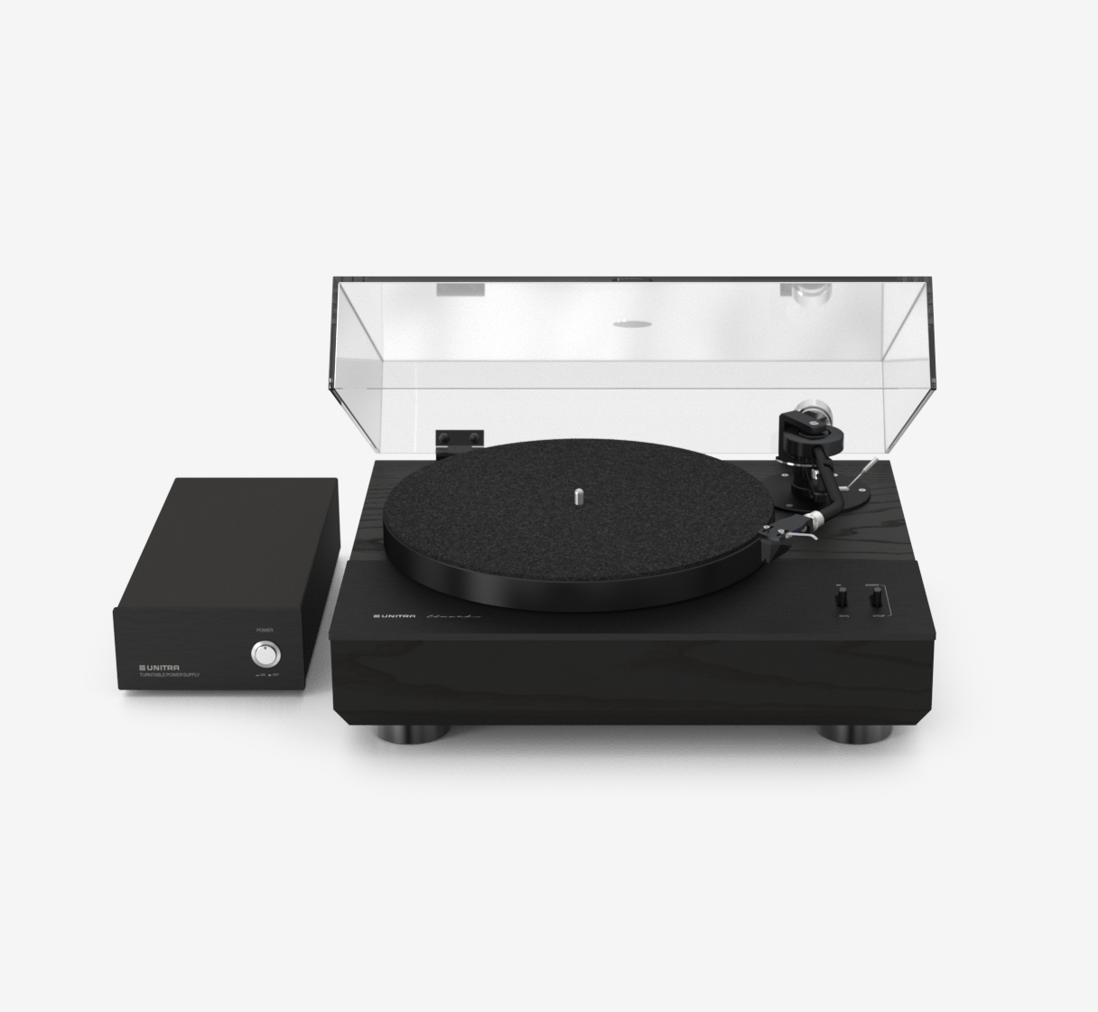 Unitra GSH-801 Edmund black on black ash turntable with clear dust cover on a white background
