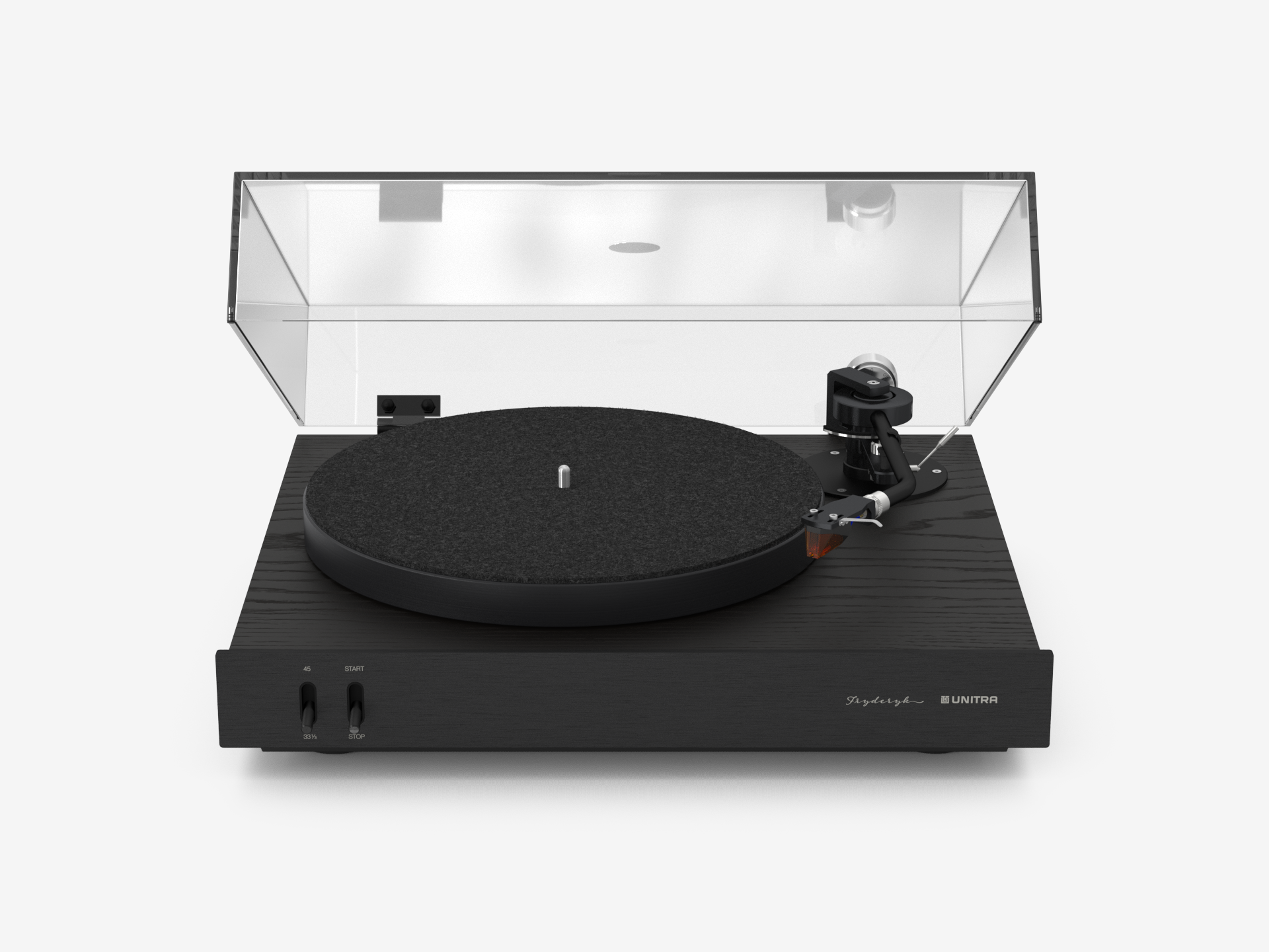 Unitra Fryderyk Turntable in Black Aluminum and Black Ash on a white background