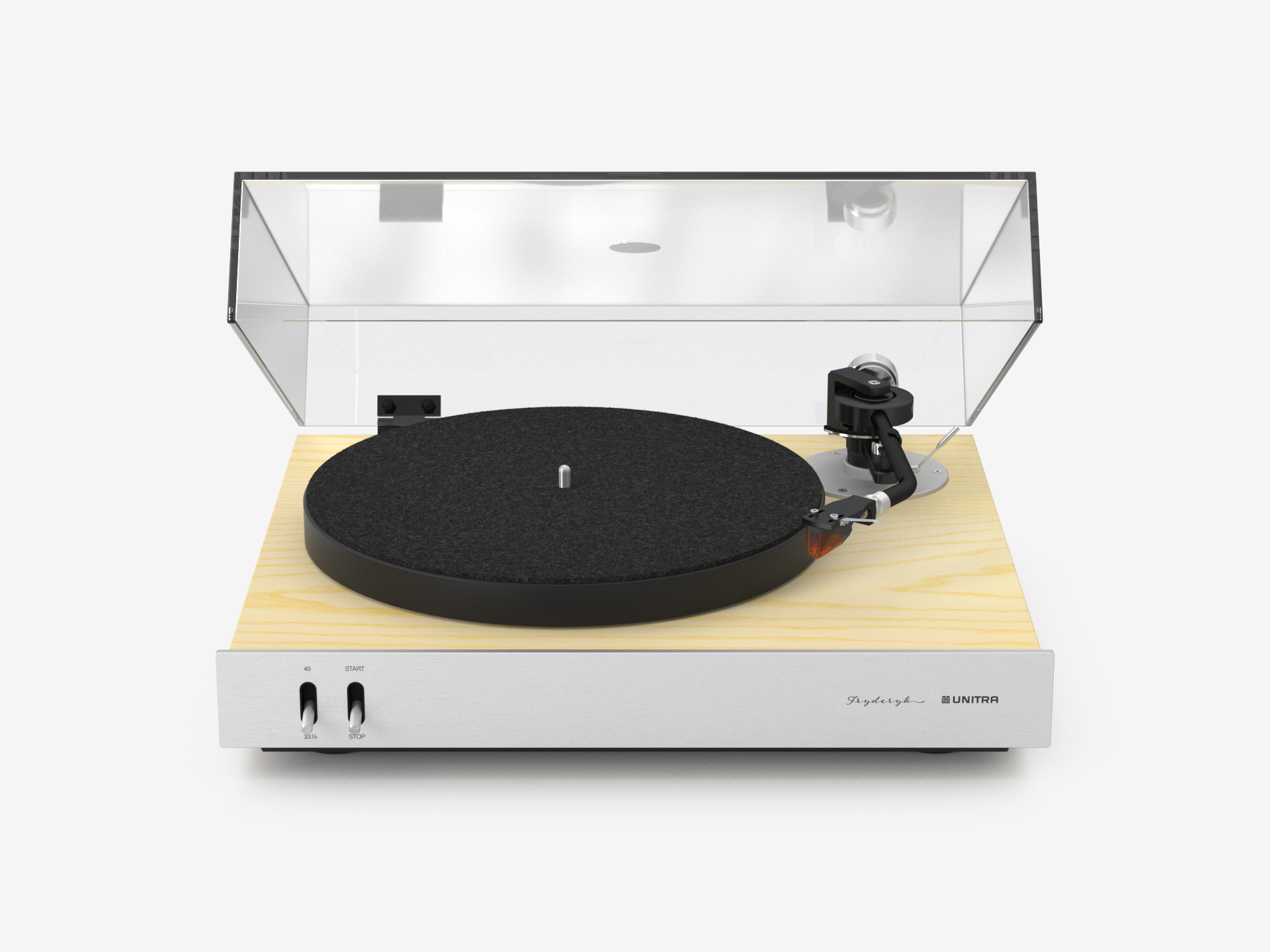Unitra Fryderyk Turntable in Silver Aluminum and Light Ash on a white background
