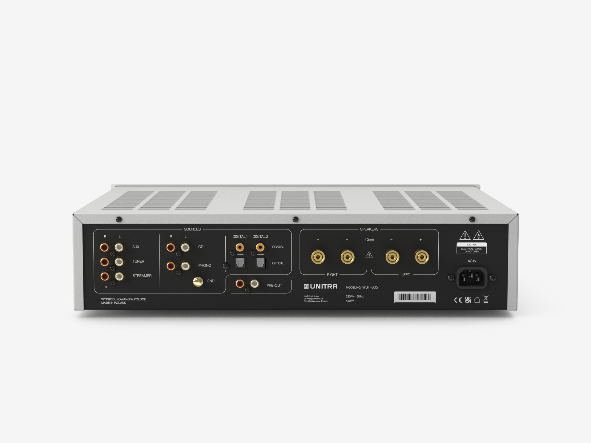 Back view of the Unitra DSH-605 silver audio amplifier on a white background