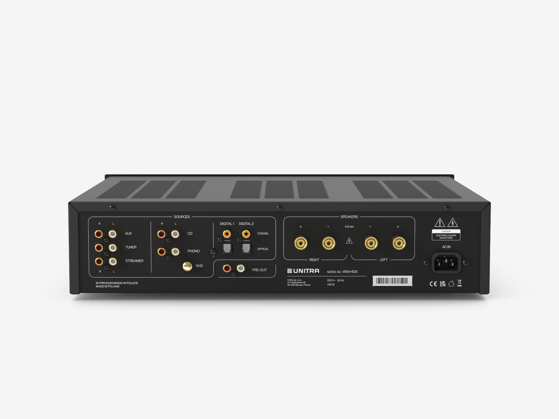 Back panel of the Unitra DSH-605 black audio amplifier on a white background