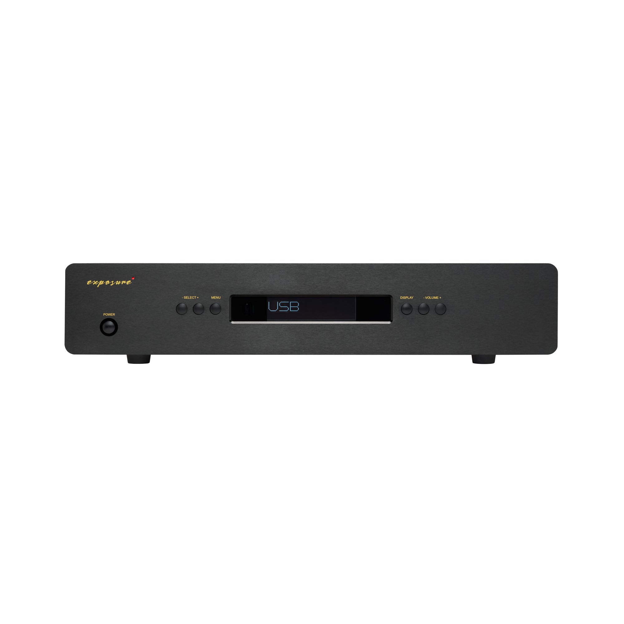 A black Exposure DAC with a front display showing 'USB' and several control buttons, photographed against a plain white background.