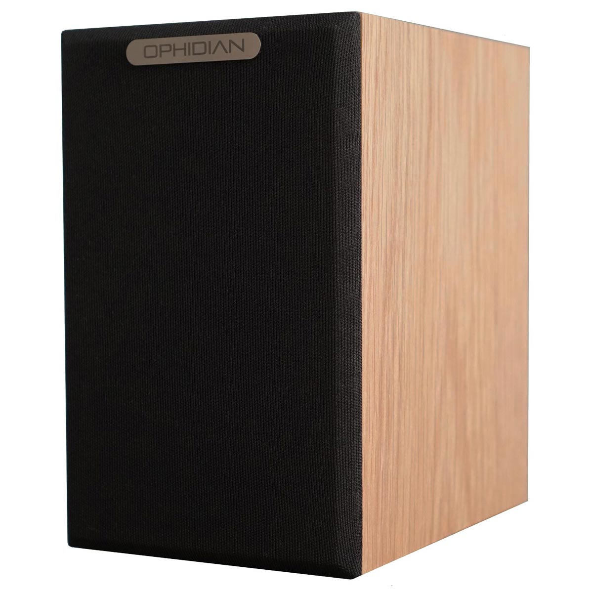 An Ophidian Minimo 2 bookshelf speaker with a wooden finish and a black grills.