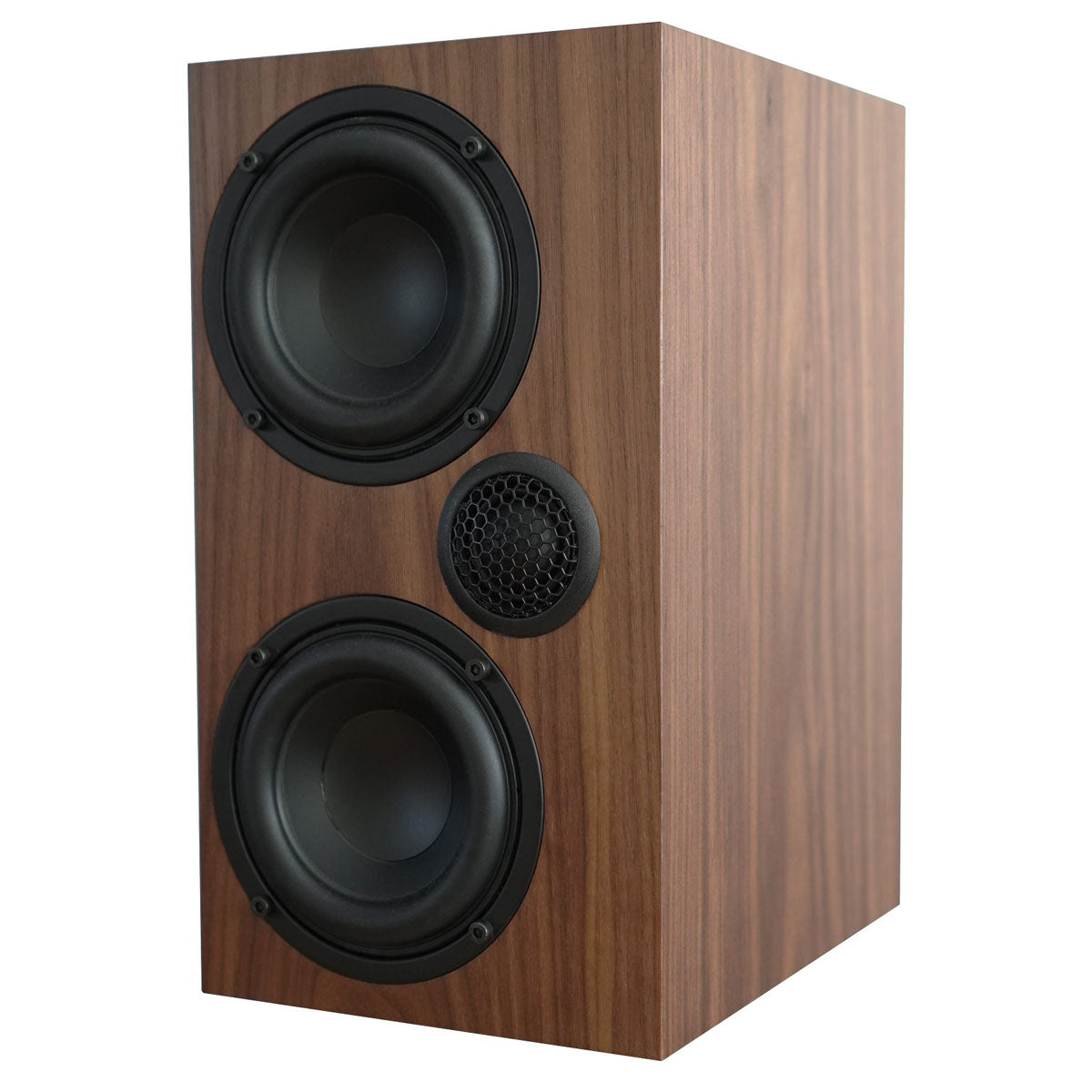 A brown Ophidian Mojo 2 bookshelf speaker with a black tweeter and a large black woofer.