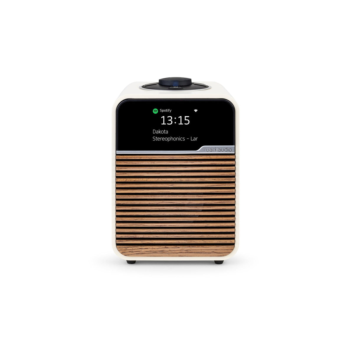 Ruark R1S smart radio in light cream, high front angle