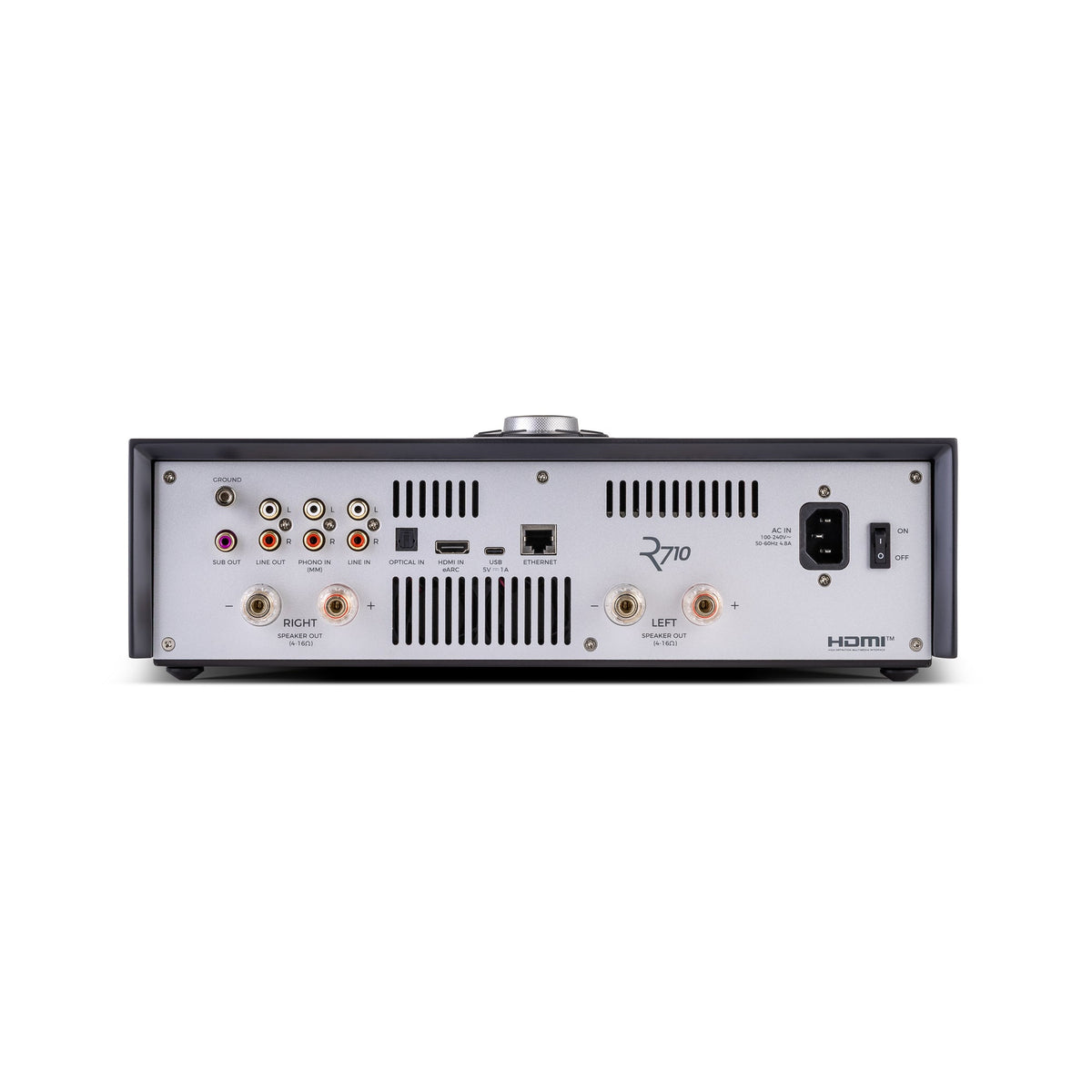 Ruark R710 rear panel: HDMI eARC, optical, phono, line in/out, subwoofer out, USB-C, Ethernet, and speaker binding posts