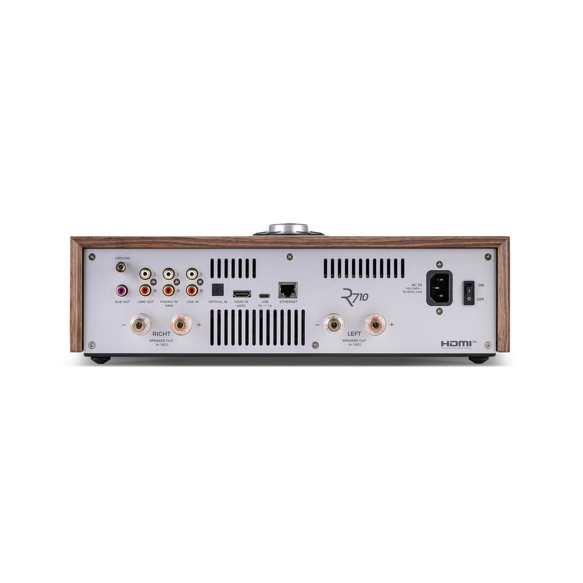 Ruark R710 in Fused Walnut, rear panel and connections