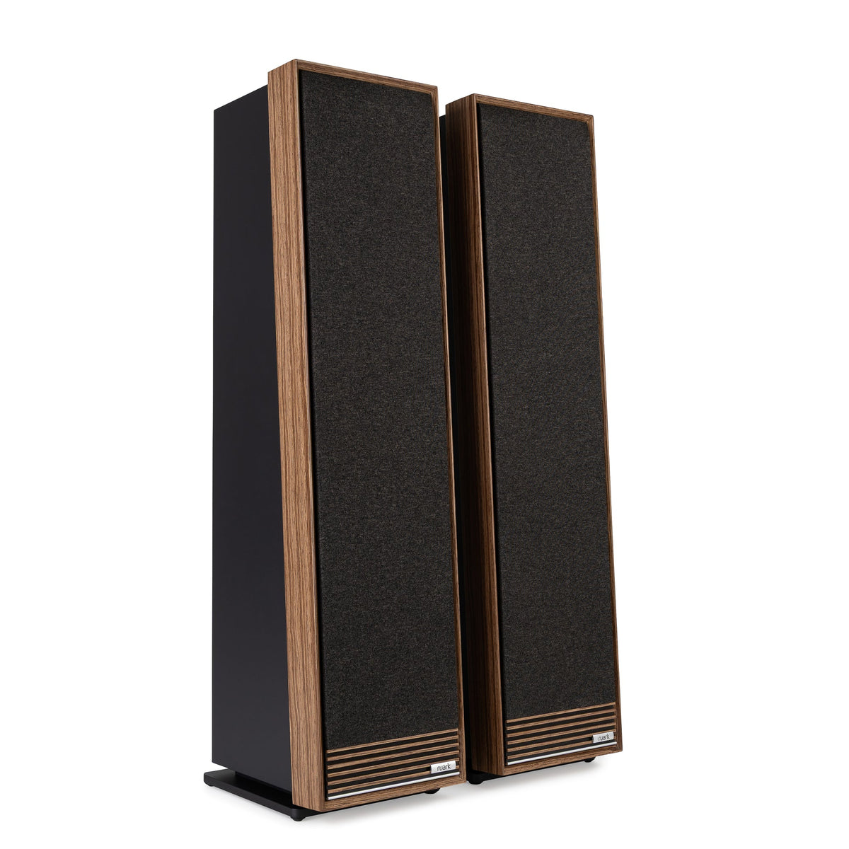 Ruark Talisman-R floorstanding speakers in walnut with grills on