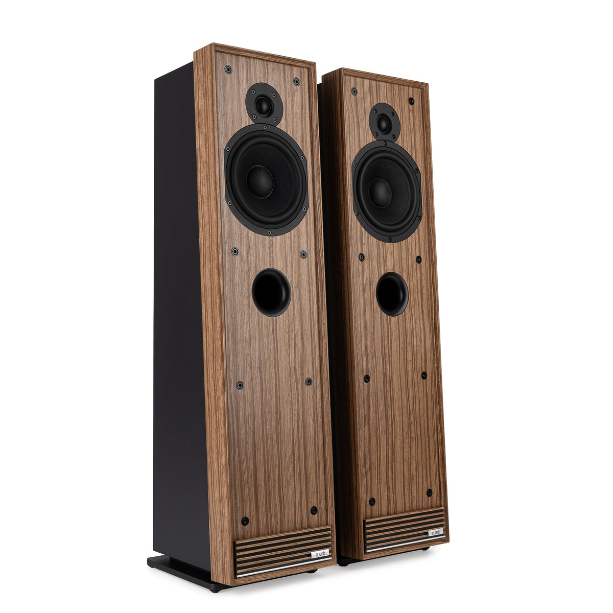 Ruark Talisman-R floorstanding speakers in walnut on angle