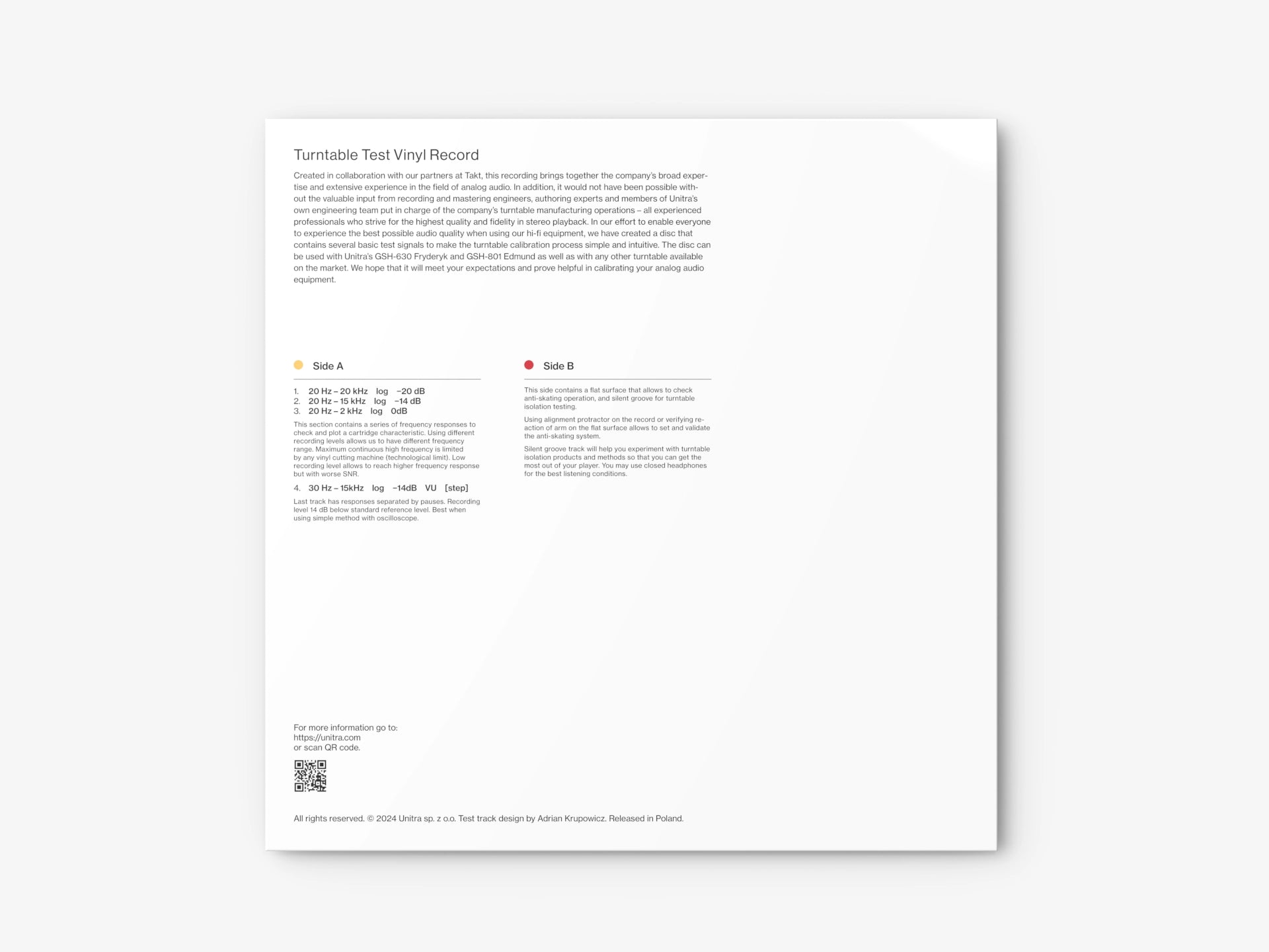 Unitra turntable test vinyl record with diagram on a white background