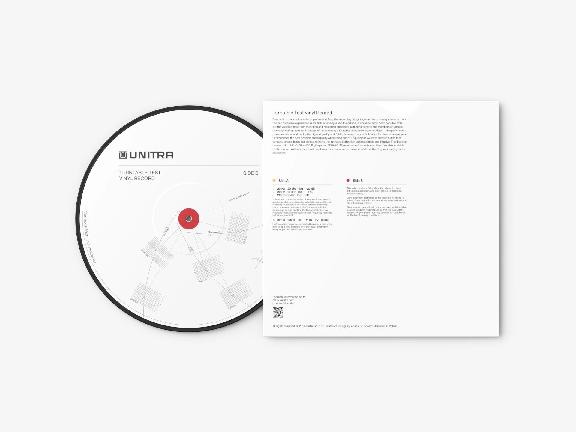 Unitra turntable test vinyl record with diagram on a white background