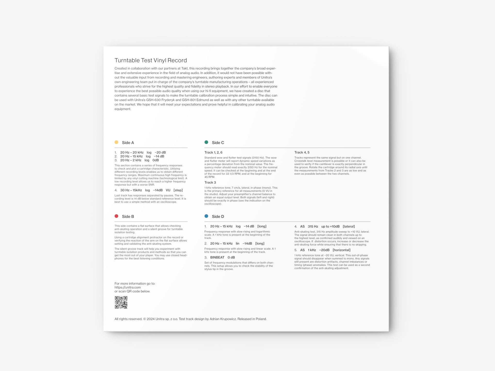UNITRA turntable test vinyl record packaging on a white background