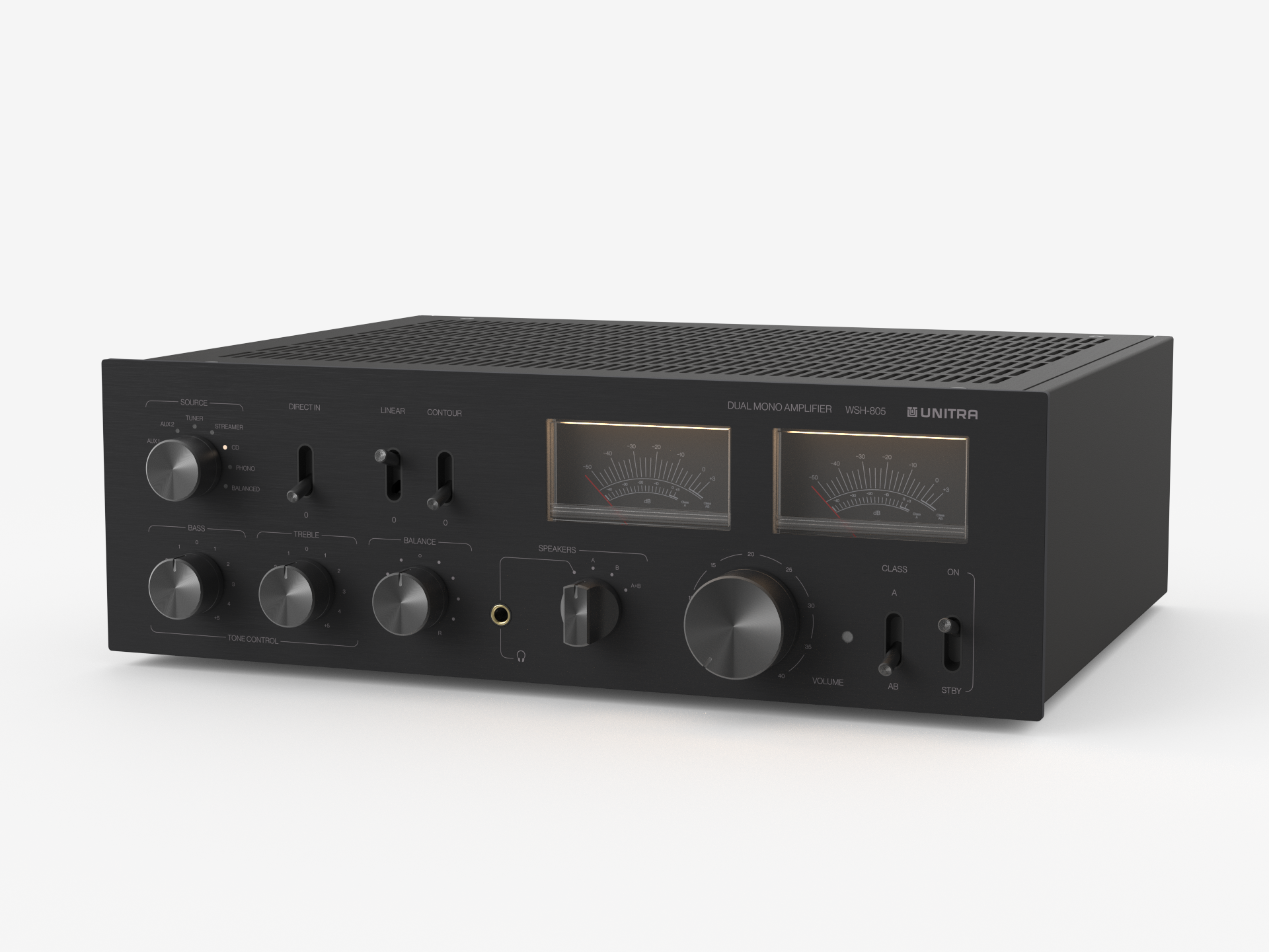 Unitra WSH-805 integrated amplifier classic edition in black on a white background.