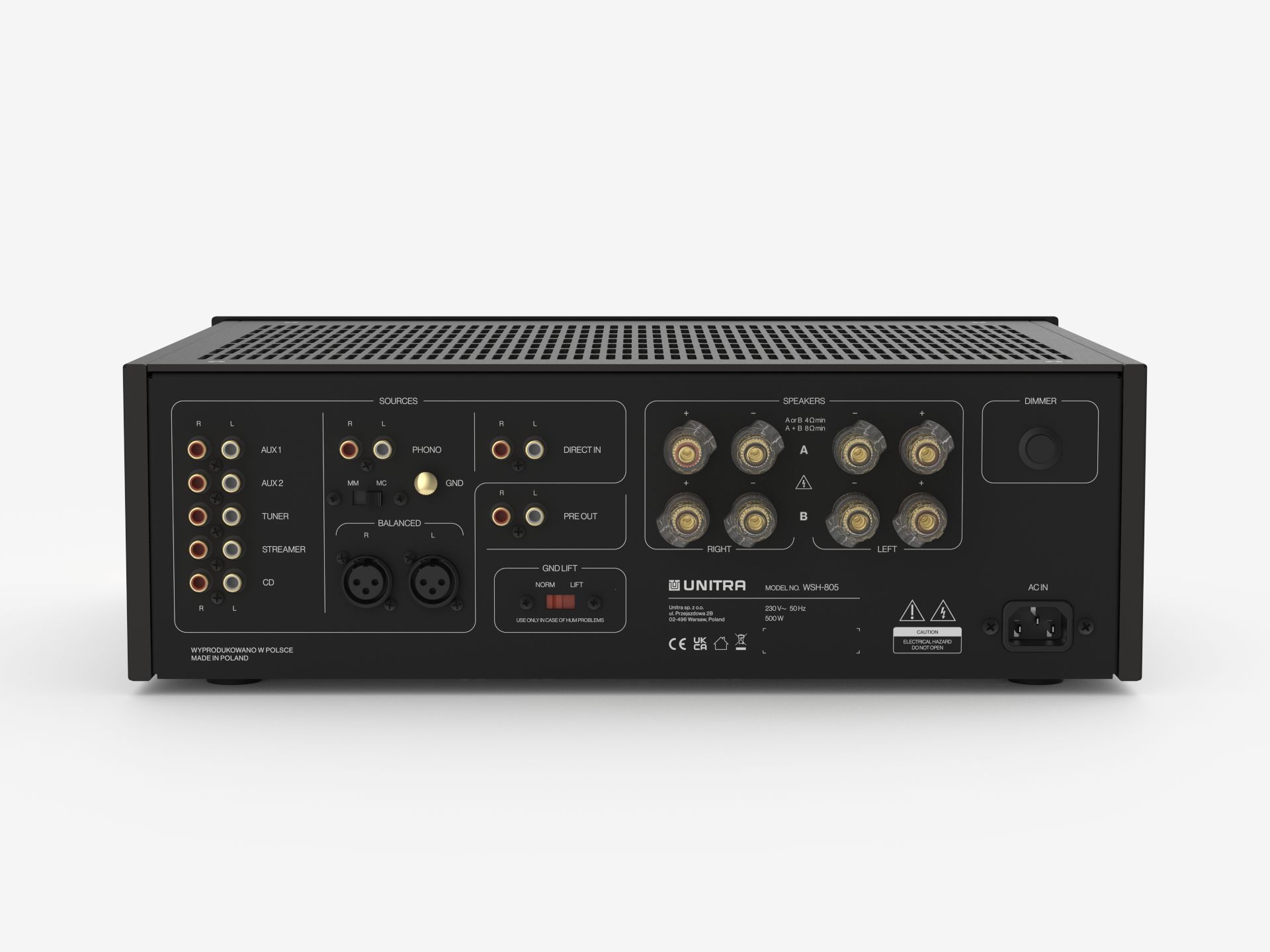 Unitra WSH-805 integrated amplifier classic edition in black on a white background.