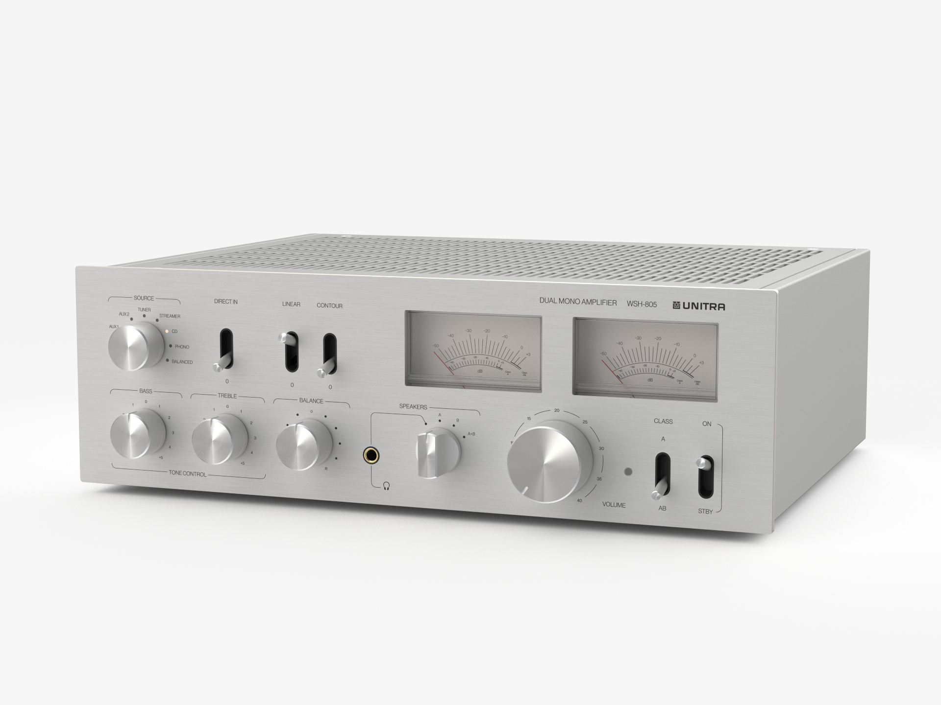Unitra WSH-805 integrated amplifier classic edition in silver on a white background.