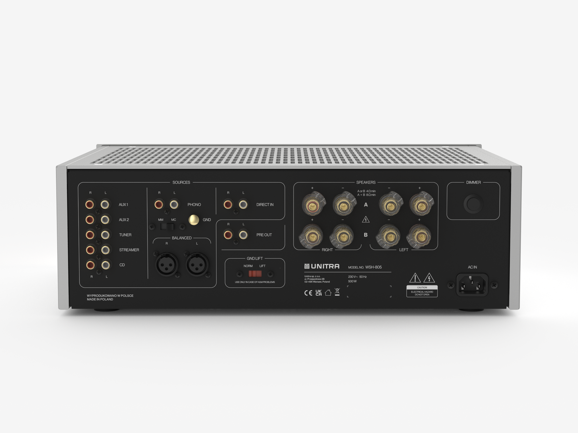 Unitra WSH-805 integrated amplifier classic edition in silver on a white background.