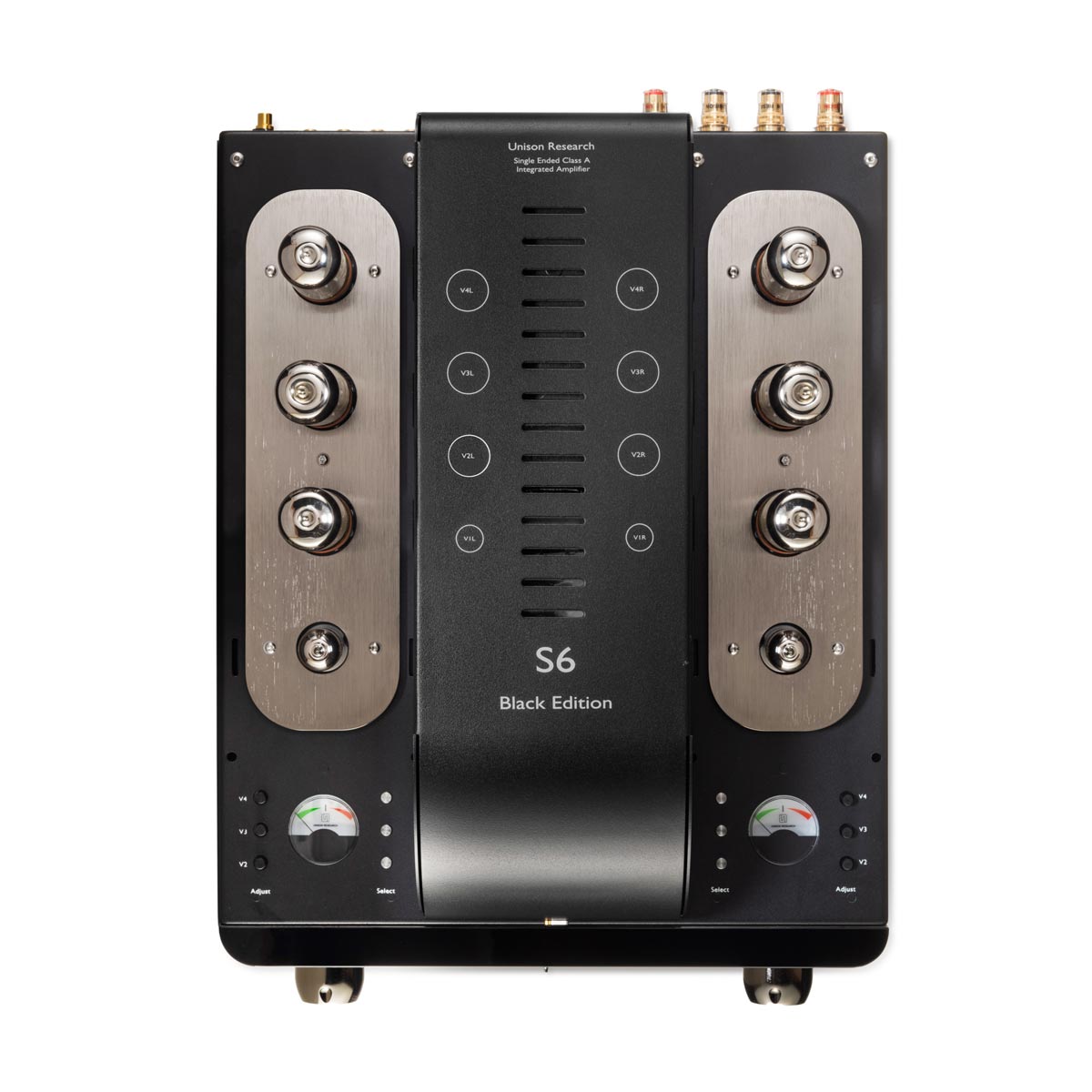 Unison-S6-Black-Edition vacuum tube amplifier on a white background.