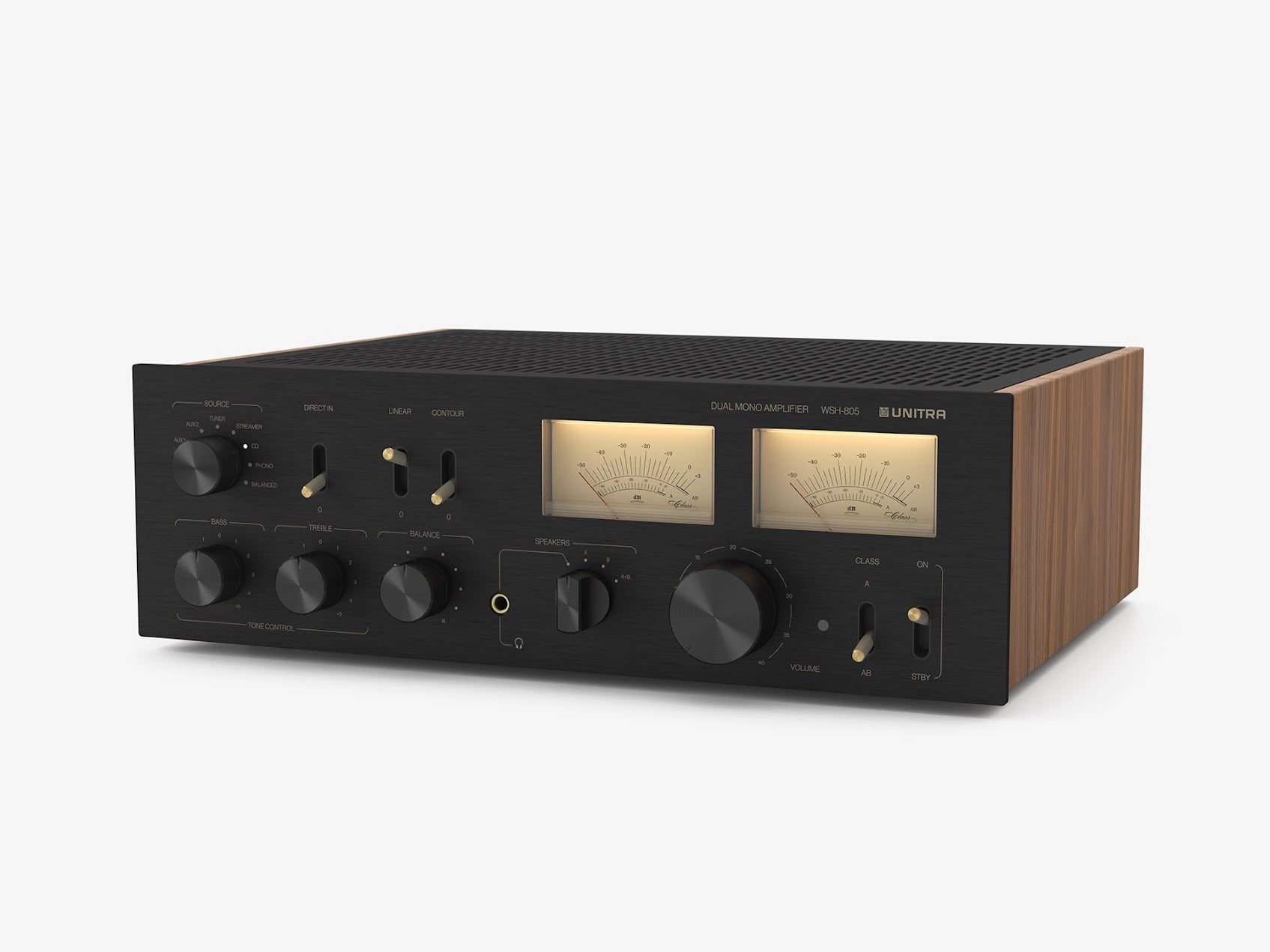 Unitra WSH-805 audio amplifier in black with brass and wood accents on a white background