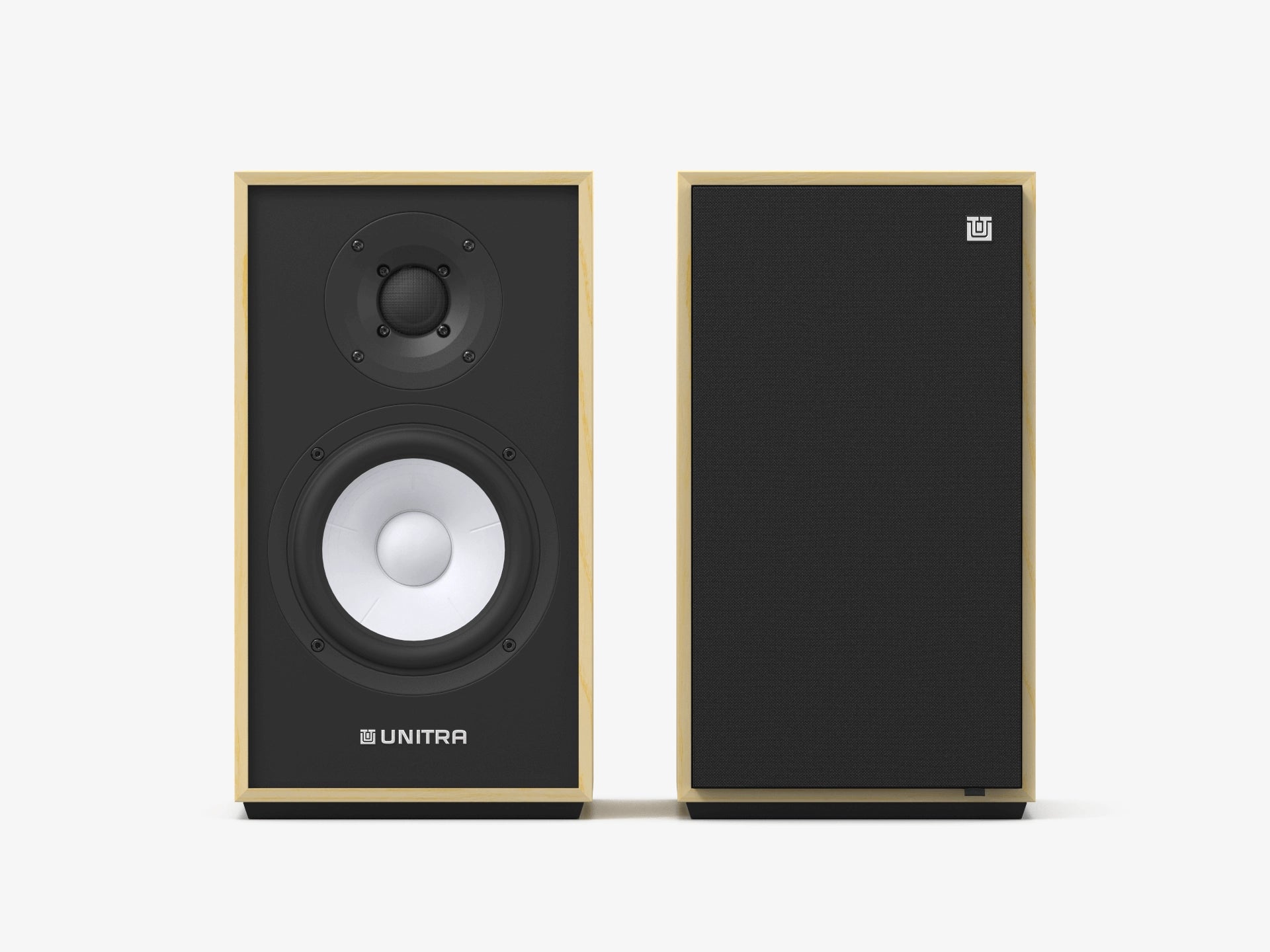 Unitra ZGB-401 bookshelf speakers in light ash on a white background