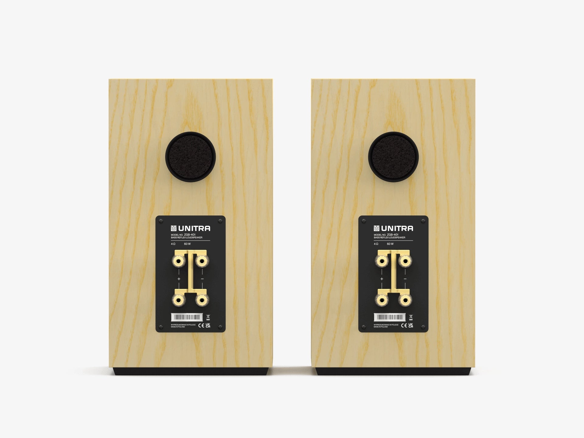 Unitra ZGB-401 bookshelf speakers in light ash on a white background