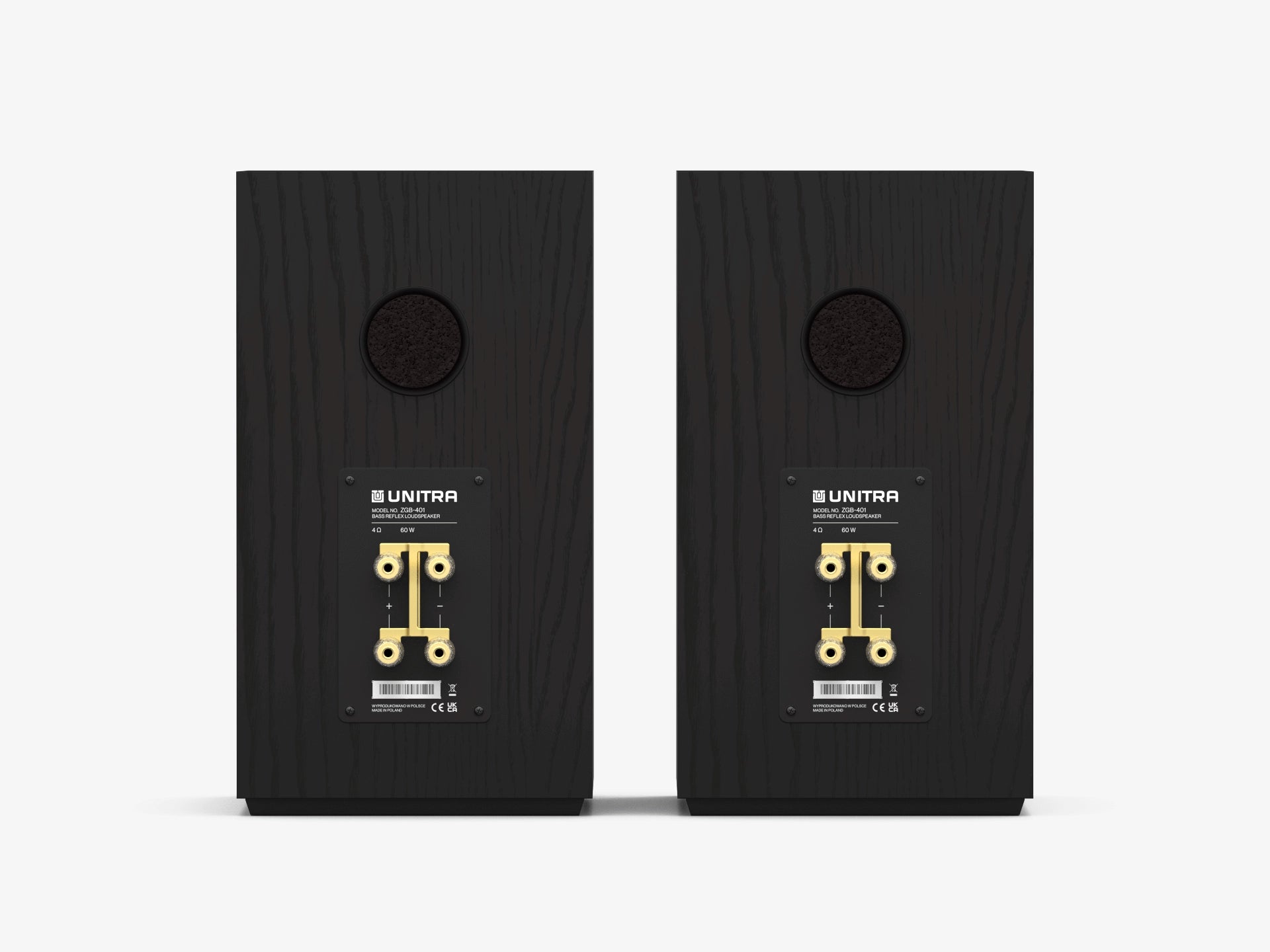 Unitra ZGB-401 bookshelf speakers in black on a white background