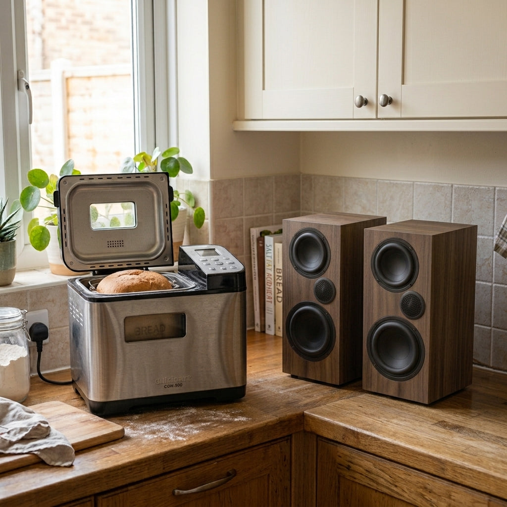 A bread maker beside a pair of loudspeakers — Canada's September 8 counter-tariffs cover one and not the other