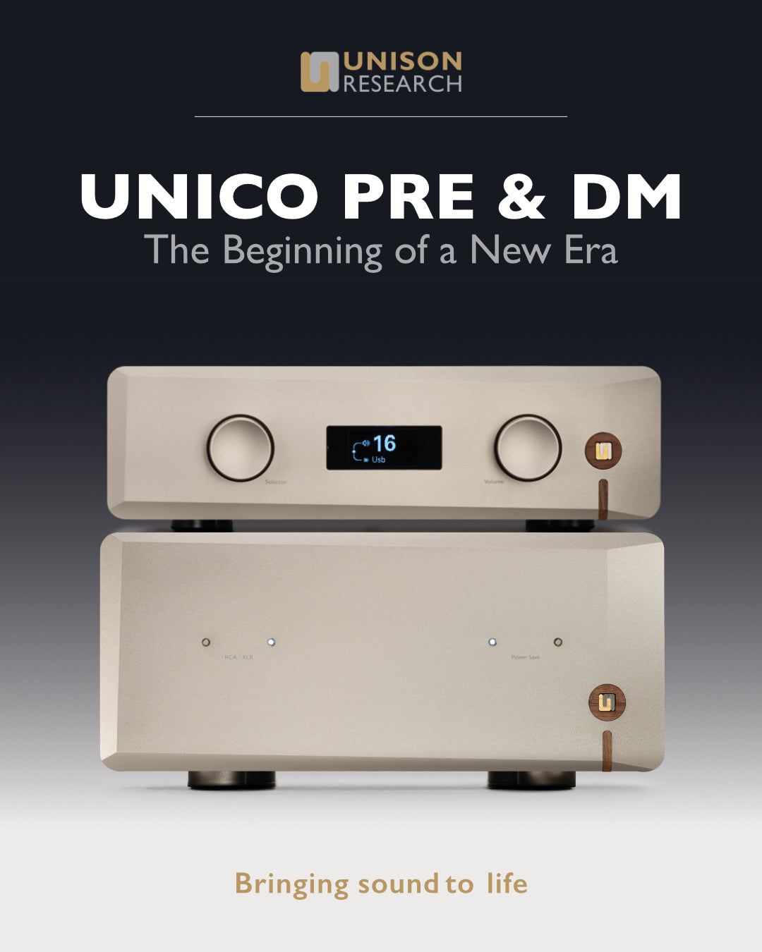 Unison Unico Pre and DM power amplifier in velvet gold