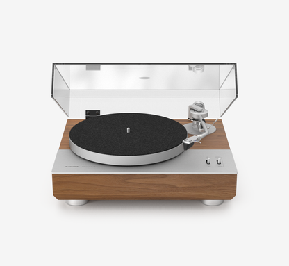 Unitra GSH-801 Edmund silver and walnut turntable with clear dust cover on a white background