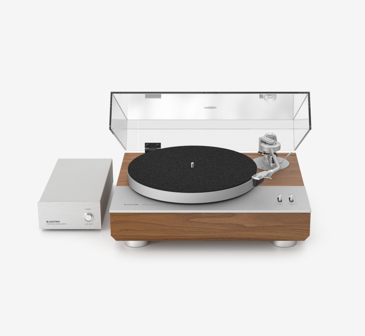 Unitra GSH-801 Edmund silver and walnut turntable with clear dust cover on a white background
