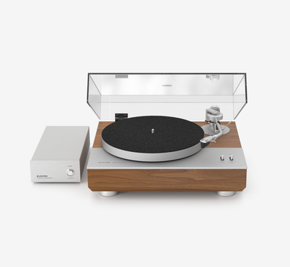 Unitra GSH-801 Edmund silver and walnut turntable with clear dust cover on a white background