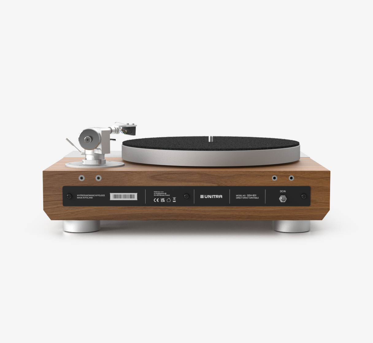 Unitra GSH-801 Edmund silver and walnut turntable with clear dust cover on a white background