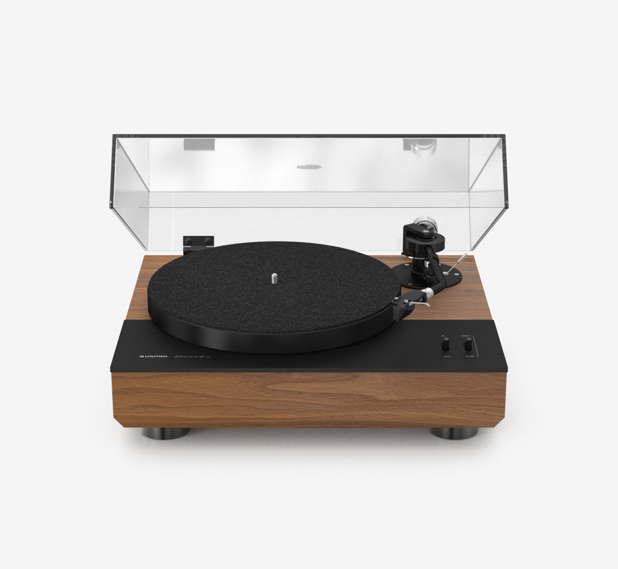 Unitra GSH-801 Edmund black and walnut turntable with clear dust cover on a white background