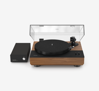 Unitra GSH-801 Edmund black and walnut turntable with clear dust cover on a white background