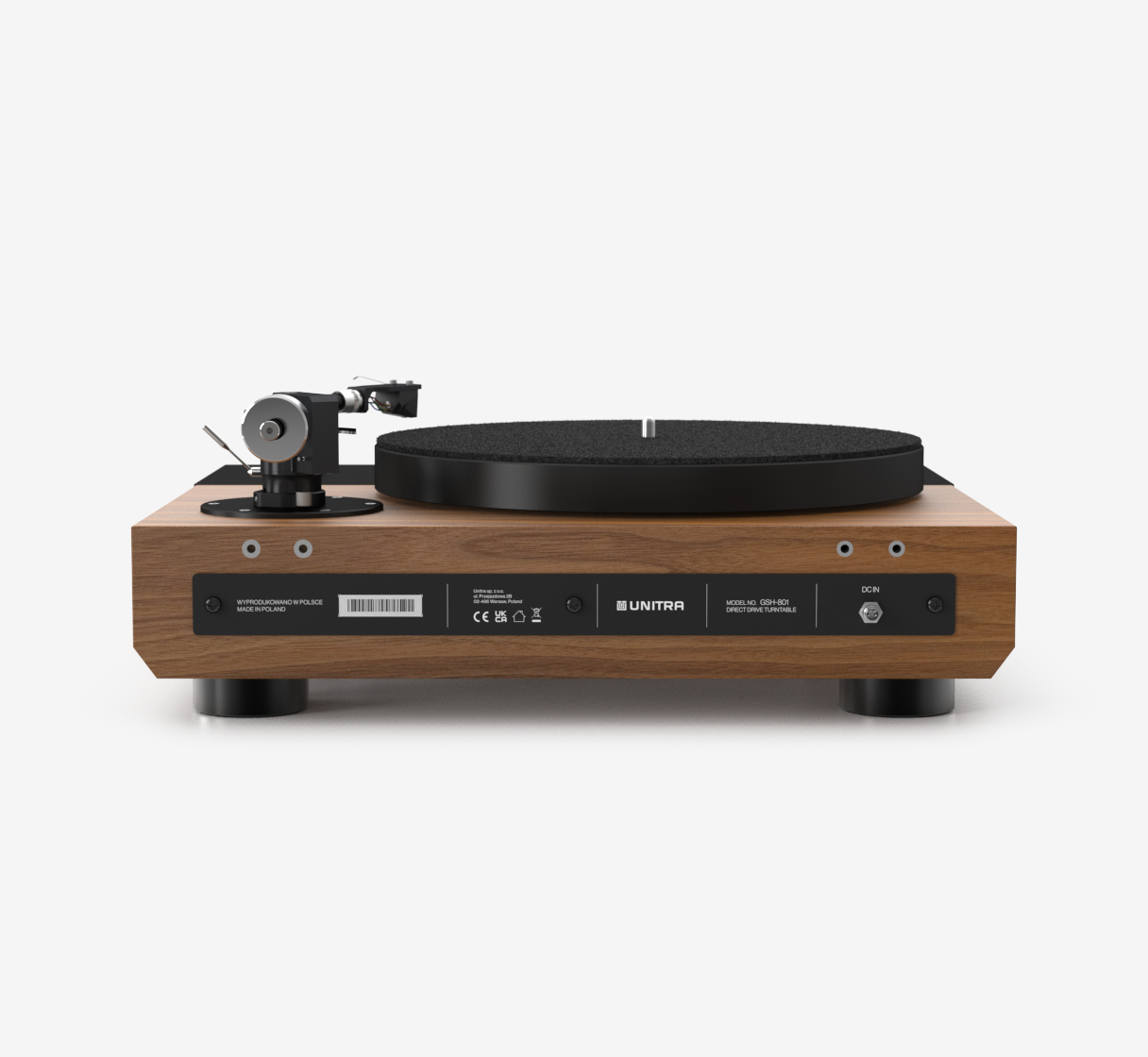 Unitra GSH-801 Edmund black and walnut turntable with clear dust cover on a white background