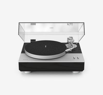 Unitra GSH-801 Edmund silver and black ash turntable with clear dust cover on a white background
