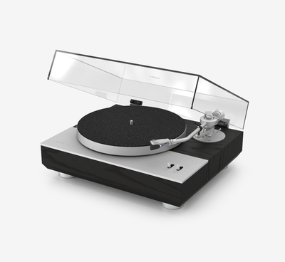 Unitra GSH-801 Edmund silver and black ash turntable with clear dust cover on a white background