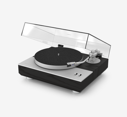 Unitra GSH-801 Edmund silver and black ash turntable with clear dust cover on a white background