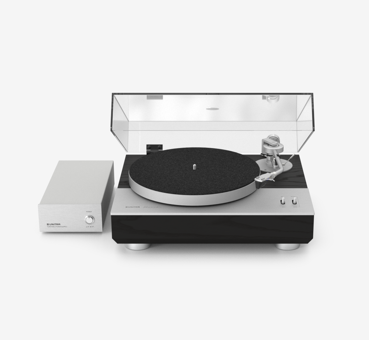 Unitra GSH-801 Edmund silver and black ash turntable with clear dust cover on a white background