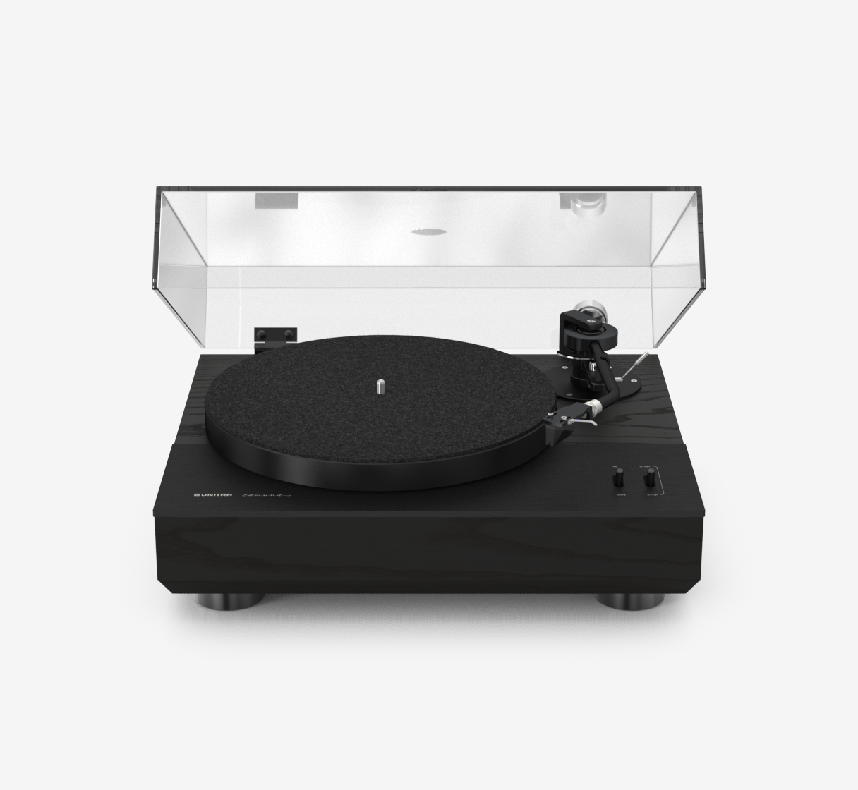 Unitra GSH-801 Edmund black on black ash turntable with clear dust cover on a white background