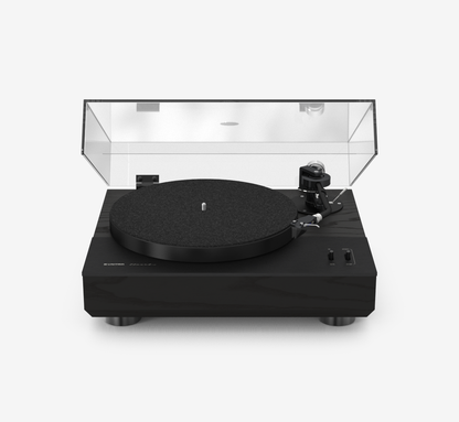 Unitra GSH-801 Edmund black on black ash turntable with clear dust cover on a white background