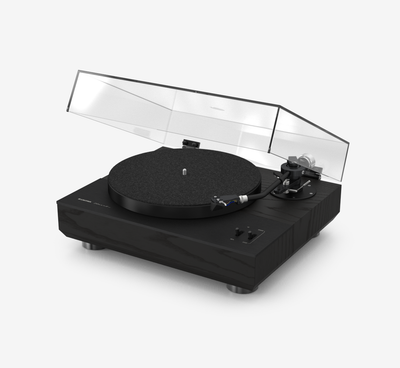 Unitra GSH-801 Edmund black on black ash turntable with clear dust cover on a white background