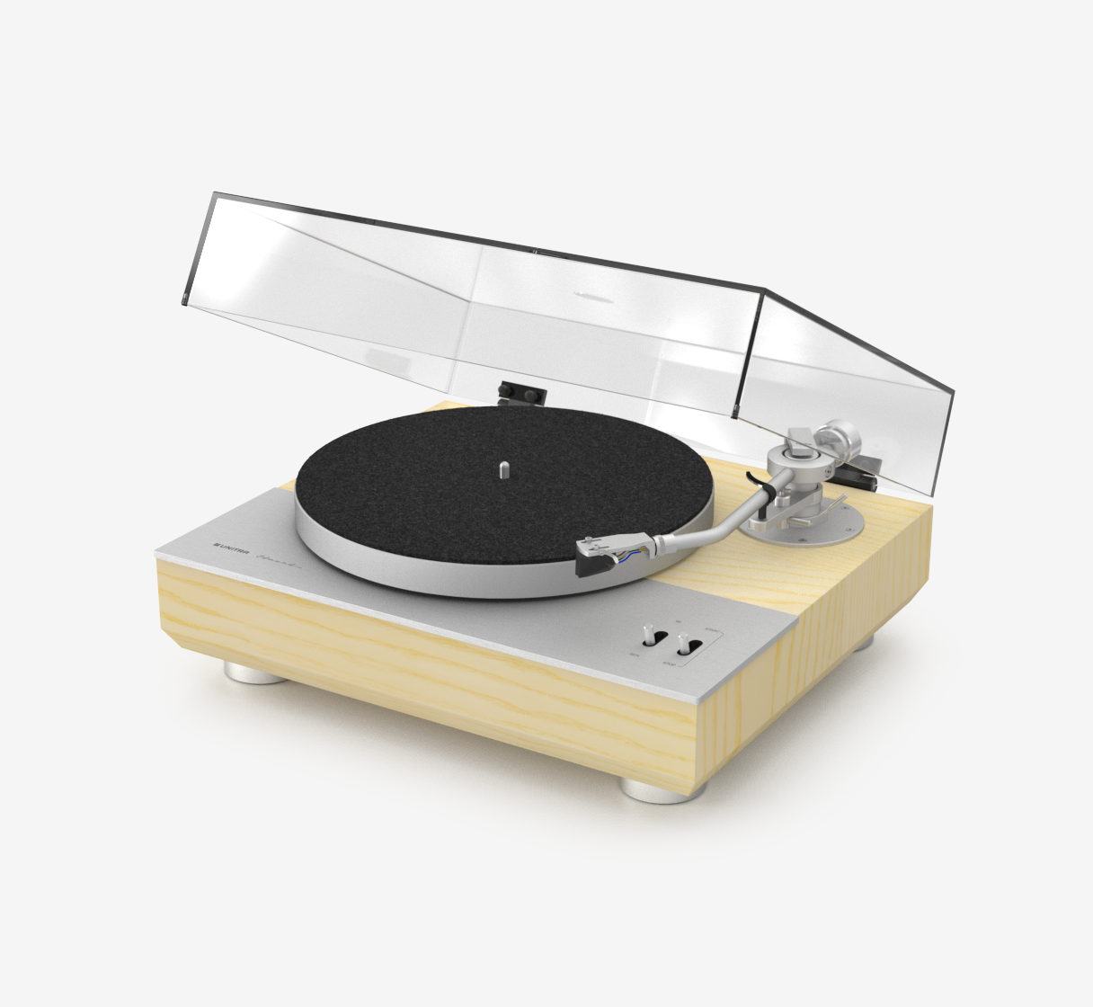 Unitra GSH-801 Edmund silver on light ash turntable with clear dust cover on a white background