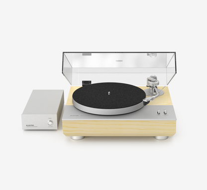 Unitra GSH-801 Edmund silver on light ash turntable with clear dust cover on a white background