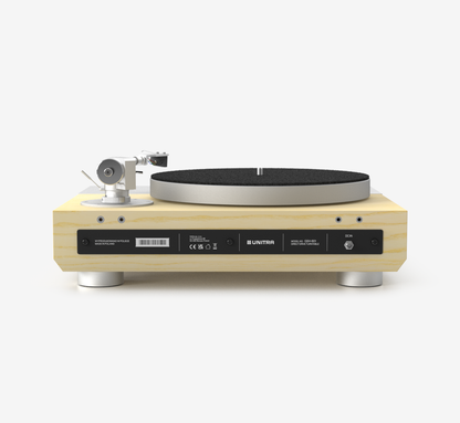 Unitra GSH-801 Edmund silver on light ash turntable with clear dust cover on a white background