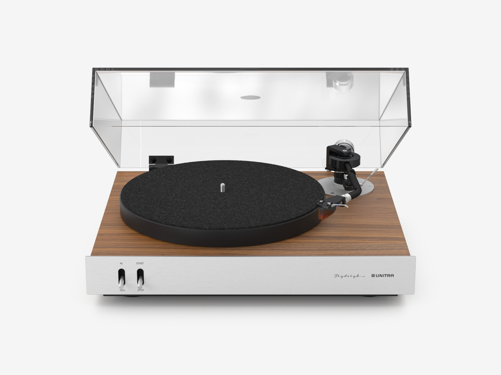 Unitra Fryderyk Turntable in Walnut and silver on a white background