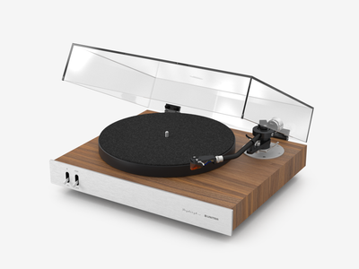 Unitra Fryderyk Turntable in Walnut and silver on a white background